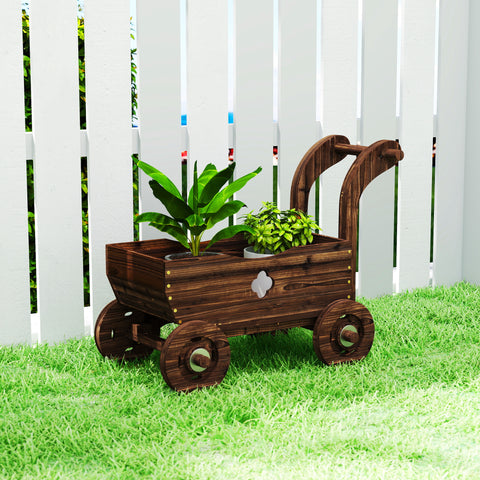 Carrinho de Madeira Decorativo Vaso Elevado com 4 Rodas Pega Orifícios de Drenagem Vaso Exterior para Plantas e Flores 68x38x52 cm Carbonizado