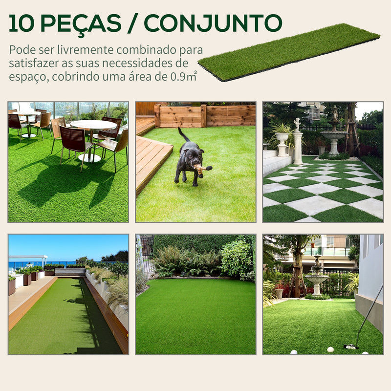 Relva Artificial 30x30cm 10 Peças com Altura de 25mm Alta Densidade 6500 Relva Artificial de Encaixe para Exterior Pátio Terraço Verde