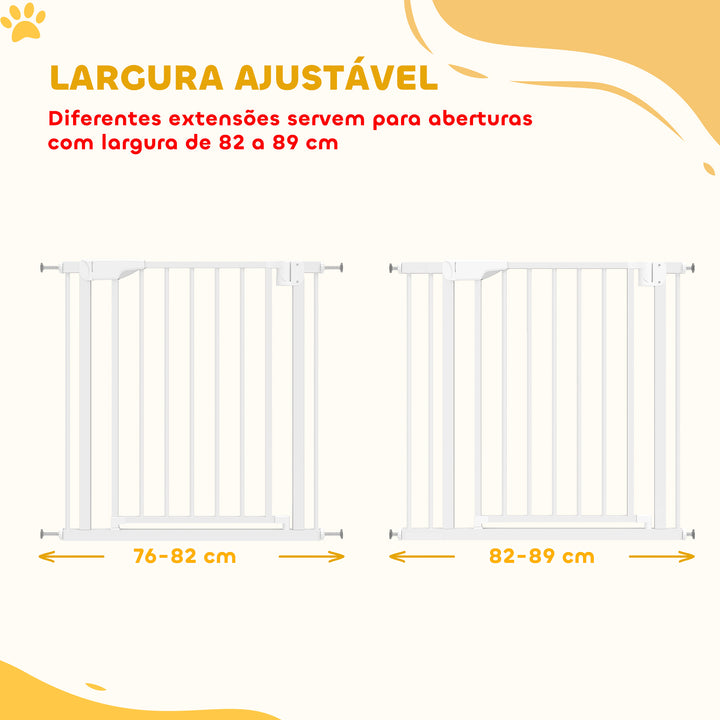 Barreira de Segurança para Crianças e Cães Largura 76-89 cm Porta para Cães Bloqueio Duplo Fecho Automático Abertura em Dois Sentidos para Portas Escadas Montagem por Pressão e Extensão de 7 cm Branco