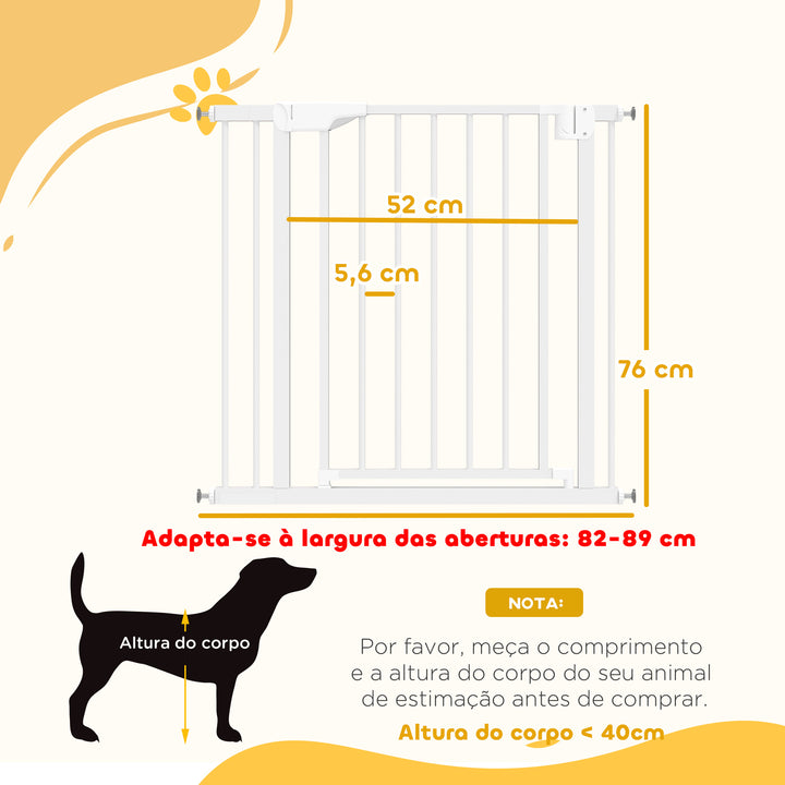Barreira de Segurança para Crianças e Cães Largura 76-89 cm Porta para Cães Bloqueio Duplo Fecho Automático Abertura em Dois Sentidos para Portas Escadas Montagem por Pressão e Extensão de 7 cm Branco