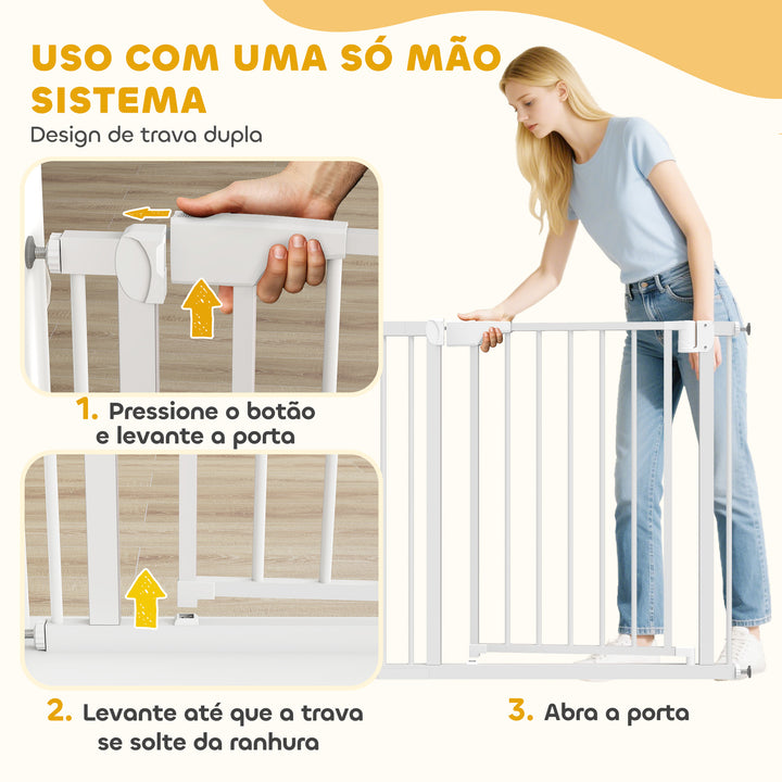 Barreira de Segurança para Crianças e Cães Largura 76-89 cm Porta para Cães Bloqueio Duplo Fecho Automático Abertura em Dois Sentidos para Portas Escadas Montagem por Pressão e Extensão de 7 cm Branco