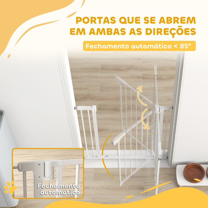 Barreira de Segurança para Crianças e Cães Largura 76-89 cm Porta para Cães Bloqueio Duplo Fecho Automático Abertura em Dois Sentidos para Portas Escadas Montagem por Pressão e Extensão de 7 cm Branco