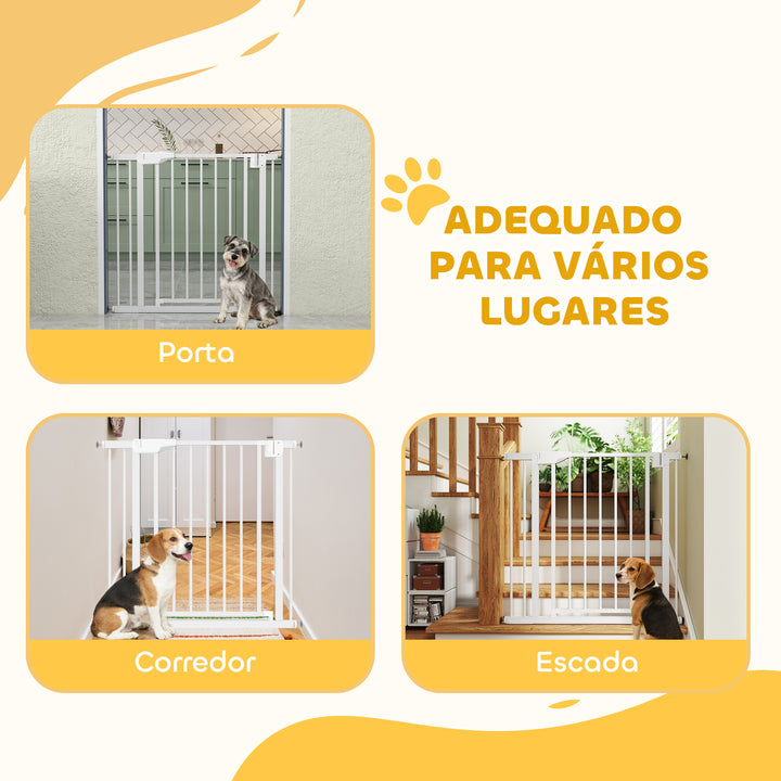 Barreira de Segurança para Crianças e Cães Largura 76-89 cm Porta para Cães Bloqueio Duplo Fecho Automático Abertura em Dois Sentidos para Portas Escadas Montagem por Pressão e Extensão de 7 cm Branco