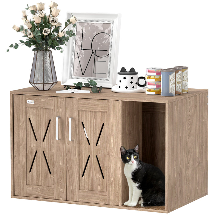 Móvel Caixa de Areia para Gatos 3 em 1 Mesa Auxiliar Caixa de Areia para Gatos com Portas Tapete para Arranhar e Compartimento para Sala de Estar Quarto 80x48x50,5 cm Castanho