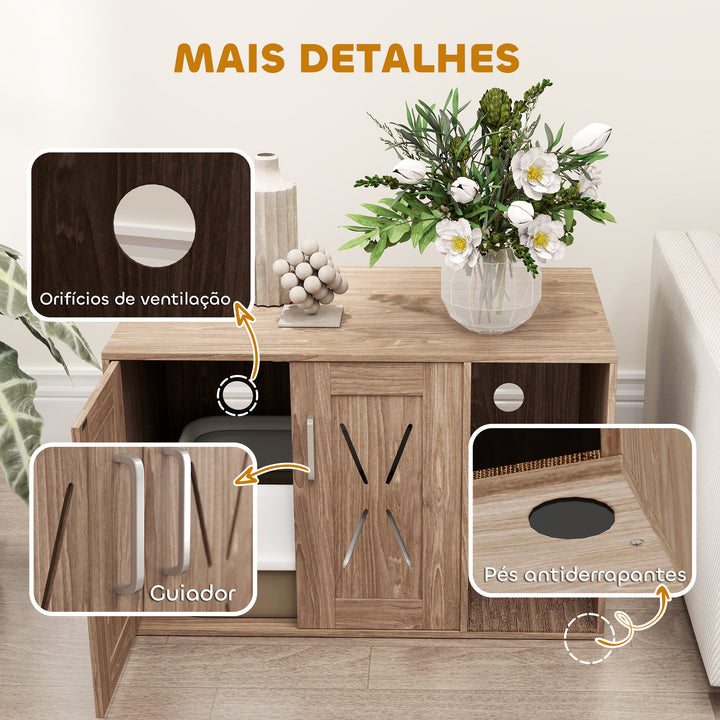 Móvel Caixa de Areia para Gatos 3 em 1 Mesa Auxiliar Caixa de Areia para Gatos com Portas Tapete para Arranhar e Compartimento para Sala de Estar Quarto 80x48x50,5 cm Castanho