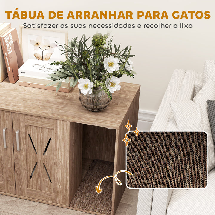 Móvel Caixa de Areia para Gatos 3 em 1 Mesa Auxiliar Caixa de Areia para Gatos com Portas Tapete para Arranhar e Compartimento para Sala de Estar Quarto 80x48x50,5 cm Castanho