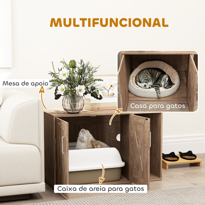 Móvel Caixa de Areia para Gatos 3 em 1 Mesa Auxiliar Caixa de Areia para Gatos com Portas Tapete para Arranhar e Compartimento para Sala de Estar Quarto 80x48x50,5 cm Castanho