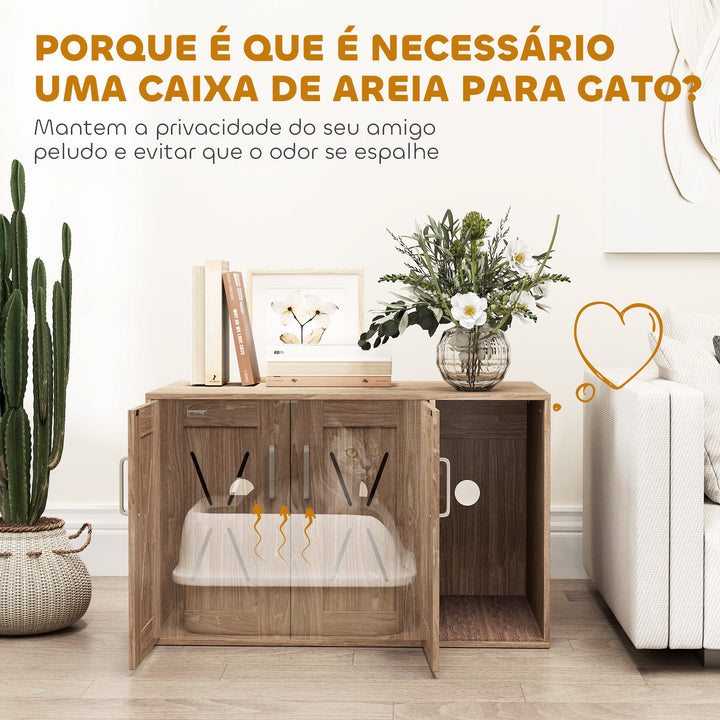 Móvel Caixa de Areia para Gatos 3 em 1 Mesa Auxiliar Caixa de Areia para Gatos com Portas Tapete para Arranhar e Compartimento para Sala de Estar Quarto 80x48x50,5 cm Castanho