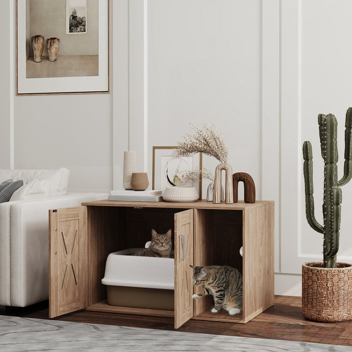 Móvel Caixa de Areia para Gatos 3 em 1 Mesa Auxiliar Caixa de Areia para Gatos com Portas Tapete para Arranhar e Compartimento para Sala de Estar Quarto 80x48x50,5 cm Castanho