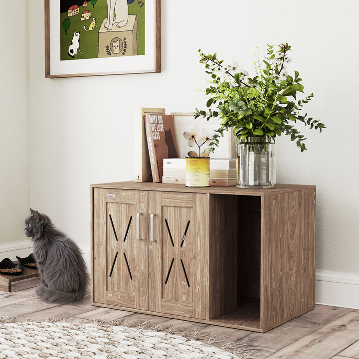Móvel Caixa de Areia para Gatos 3 em 1 Mesa Auxiliar Caixa de Areia para Gatos com Portas Tapete para Arranhar e Compartimento para Sala de Estar Quarto 80x48x50,5 cm Castanho