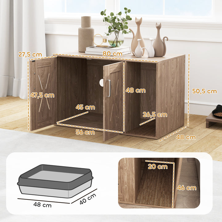 Móvel Caixa de Areia para Gatos 3 em 1 Mesa Auxiliar Caixa de Areia para Gatos com Portas Tapete para Arranhar e Compartimento para Sala de Estar Quarto 80x48x50,5 cm Castanho