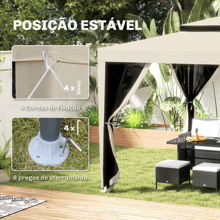Pérgola de Jardim 297x297x268 cm Pérgola com 4 Redes Mosquiteiras Laterais com Fecho de Correr Teto de Ventilação e 8 Orifícios de Drenagem Pérgola para Terraço Pátio Exterior Bege
