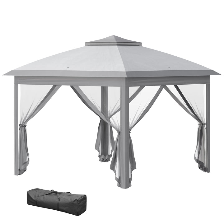 Tenda Dobrável Exterior 3,3x3,3 m com Altura Ajustável Tenda de Jardim com Teto Duplo 4 Mosquiteiras Removíveis e Bolsa de Transporte para Acampamento Festas Cinza