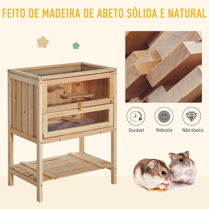 Gaiola de madeira para hamster com 5 plataformas, rampa dobrável, janela de plexiglass e prateleira inferior 60x40x80 cm