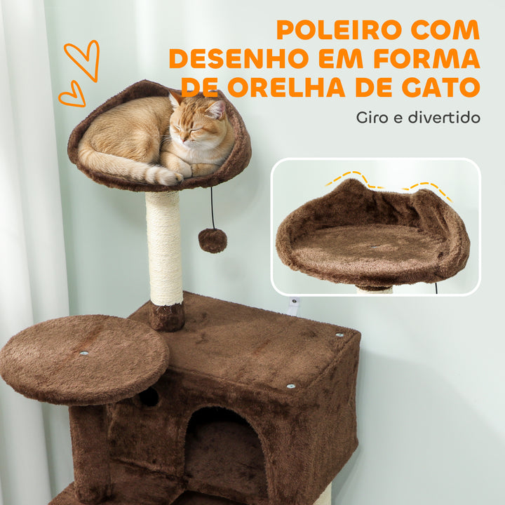 Arranhador para Gatos 140 cm Torre de Escalada com Múltiplas Plataformas Cama 2 Cavernas Rede Escada Postes de Sisal Bolas para Brincar Marrom