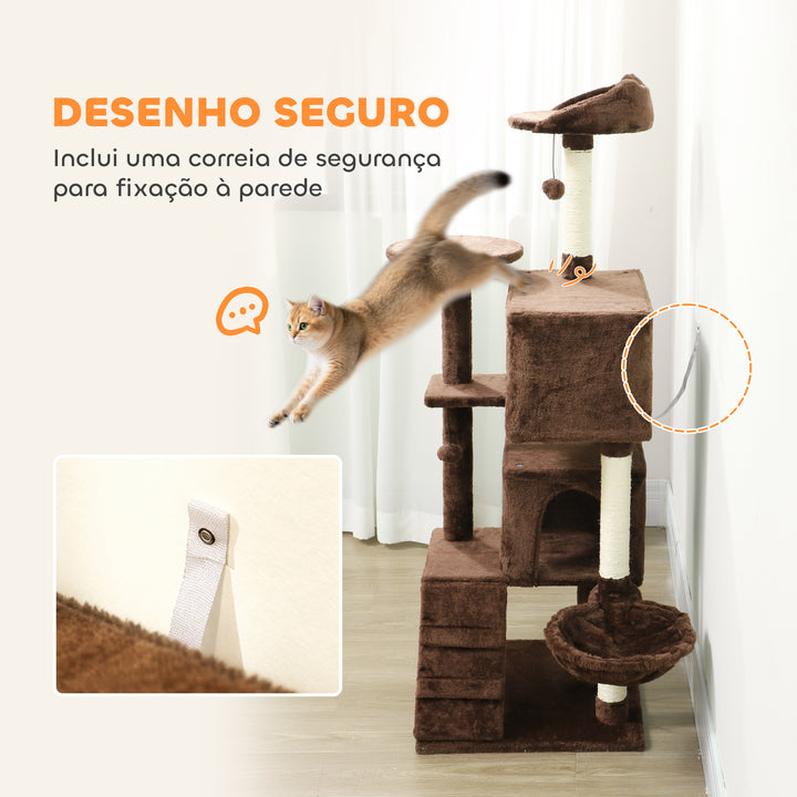 Arranhador para Gatos 140 cm Torre de Escalada com Múltiplas Plataformas Cama 2 Cavernas Rede Escada Postes de Sisal Bolas para Brincar Marrom