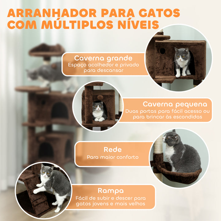 Arranhador para Gatos 140 cm Torre de Escalada com Múltiplas Plataformas Cama 2 Cavernas Rede Escada Postes de Sisal Bolas para Brincar Marrom