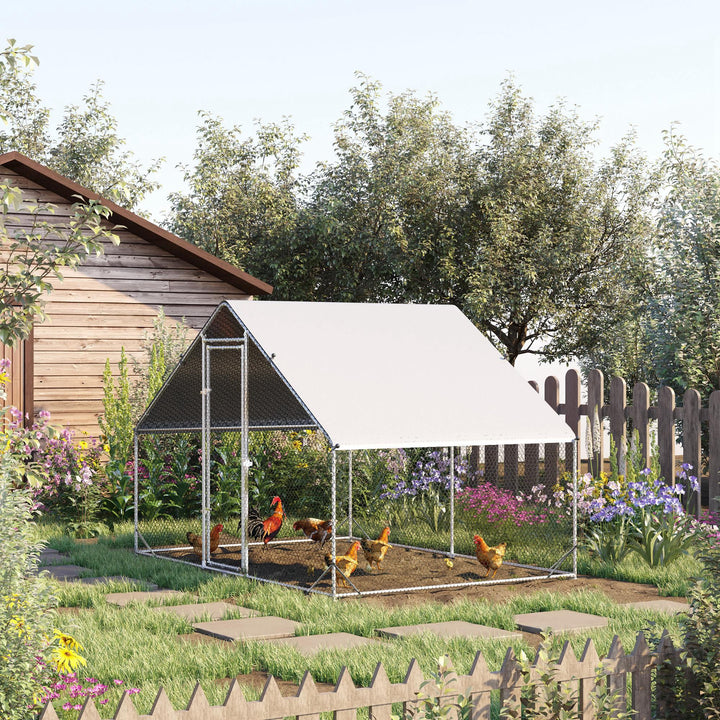 Galinheiro de Exterior Grande 3x2x2m Gaiola para 4-6 Galinhas de Aço Galvanizado com Teto de PE e Fechadura para Coelhos Prata