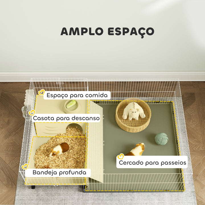 Gaiola para Animais Pequenos com Parque Desmontável Gaiola para Roedores com Rodas Rampas Bebedouro e Dispensador de Feno 108x71x57 cm Bege