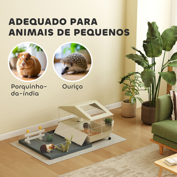 Gaiola para Animais Pequenos com Parque Desmontável Gaiola para Roedores com Rodas Rampas Bebedouro e Dispensador de Feno 108x71x57 cm Bege