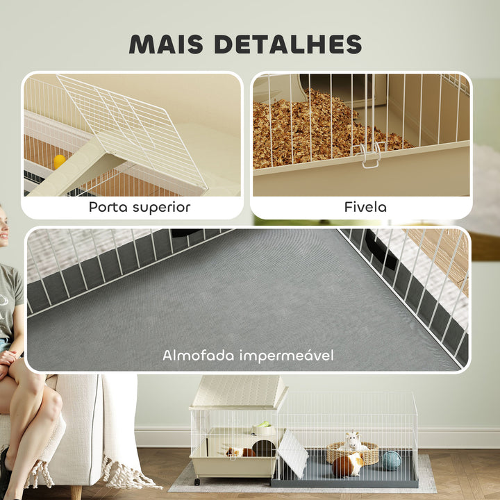 Gaiola para Animais Pequenos com Parque Desmontável Gaiola para Roedores com Rodas Rampas Bebedouro e Dispensador de Feno 108x71x57 cm Bege