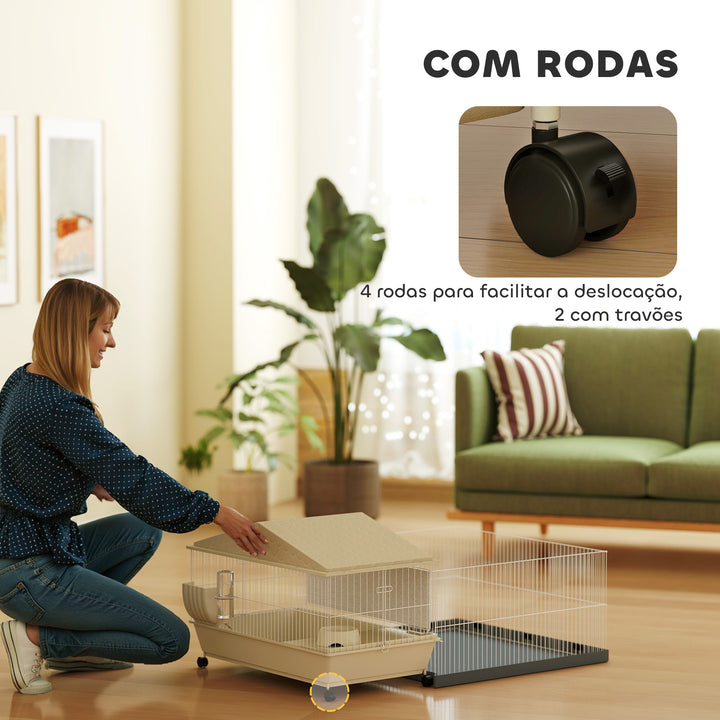 Gaiola para Animais Pequenos com Parque Desmontável Gaiola para Roedores com Rodas Rampas Bebedouro e Dispensador de Feno 108x71x57 cm Bege