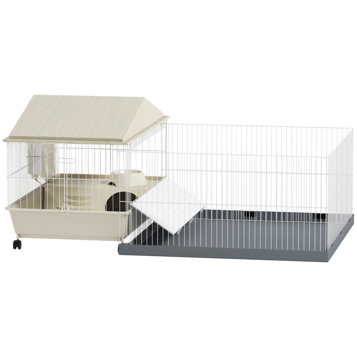Gaiola para Animais Pequenos com Parque Desmontável Gaiola para Roedores com Rodas Rampas Bebedouro e Dispensador de Feno 108x71x57 cm Bege