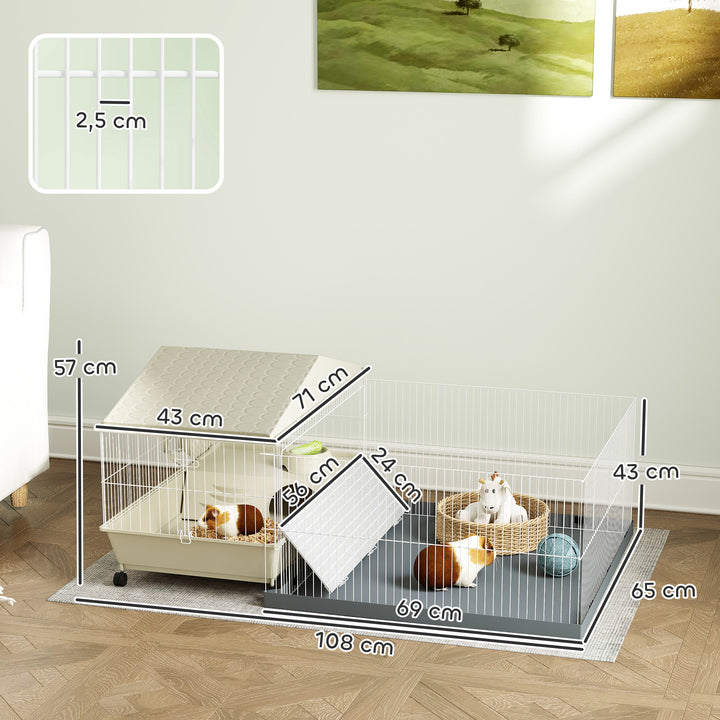Gaiola para Animais Pequenos com Parque Desmontável Gaiola para Roedores com Rodas Rampas Bebedouro e Dispensador de Feno 108x71x57 cm Bege