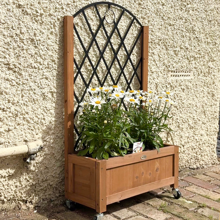 Conjunto de 2 Jardineiras de Exterior Jardineiras com Treliça Metálica para Plantas Trepadeiras Vasos com Rodas para Jardim Pátio 52x25x97 cm Madeira