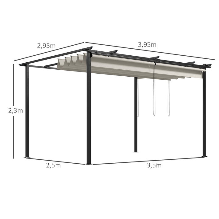 Pérgola de Jardim 3,95x2,95 cm Pérgola para Exterior com Teto Retrátil 4 Cortinas Enroláveis de Poliéster e Estrutura de Metal para Pátio Varanda Creme