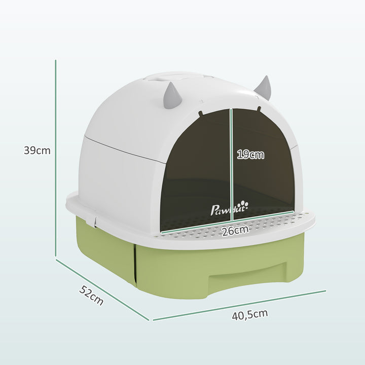 Caixa de Areia para Gatos Fechada Caixa de Areia para Gatos com Tampa e Bandeja Amovíveis Filtro de Carvão e Pá 40,5x52x39 cm Branco e Verde