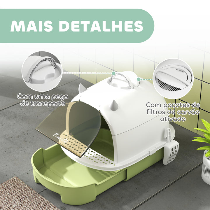 Caixa de Areia para Gatos Fechada Caixa de Areia para Gatos com Tampa e Bandeja Amovíveis Filtro de Carvão e Pá 40,5x52x39 cm Branco e Verde