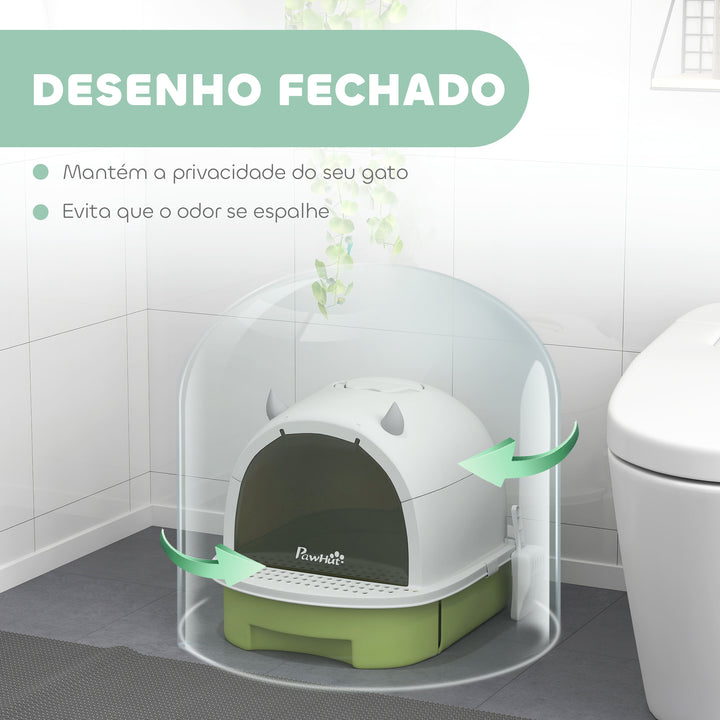 Caixa de Areia para Gatos Fechada Caixa de Areia para Gatos com Tampa e Bandeja Amovíveis Filtro de Carvão e Pá 40,5x52x39 cm Branco e Verde