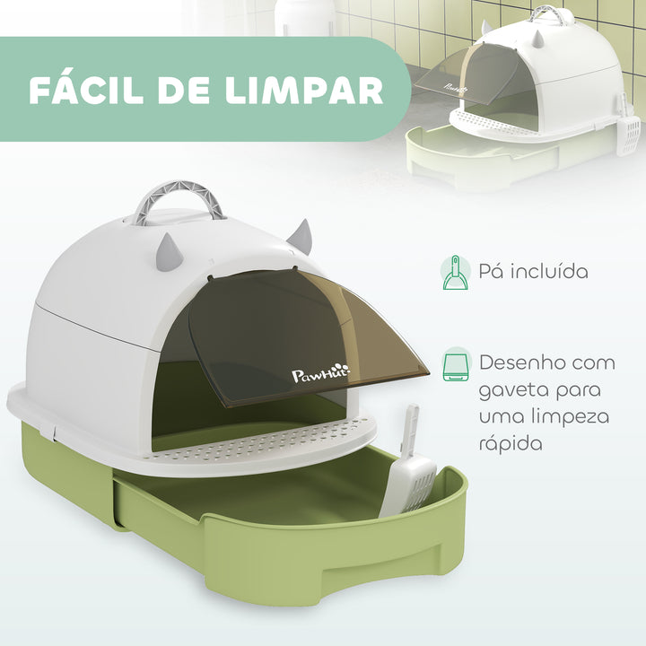 Caixa de Areia para Gatos Fechada Caixa de Areia para Gatos com Tampa e Bandeja Amovíveis Filtro de Carvão e Pá 40,5x52x39 cm Branco e Verde