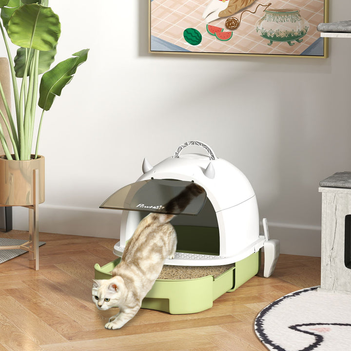Caixa de Areia para Gatos Fechada Caixa de Areia para Gatos com Tampa e Bandeja Amovíveis Filtro de Carvão e Pá 40,5x52x39 cm Branco e Verde