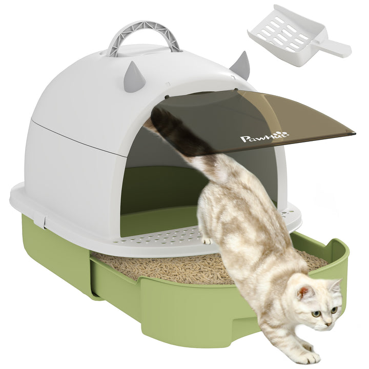 Caixa de Areia para Gatos Fechada Caixa de Areia para Gatos com Tampa e Bandeja Amovíveis Filtro de Carvão e Pá 40,5x52x39 cm Branco e Verde