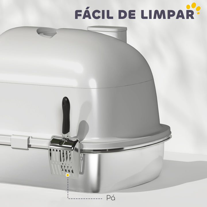 Caixa de Areia para Gatos em Aço Inoxidável com Tampa Caixa de Areia com Bolsa Desodorizante e Pá Fácil de Limpar 52,4x41,3x39,9 cm Cinzento