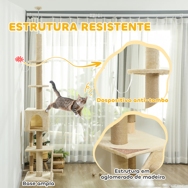 Arranhador para Gatos do Chão ao Teto de 225-265 cm Arranhador para Gatos com Altura Ajustável Múltiplas Plataformas Escada Bola Suspensa Bege