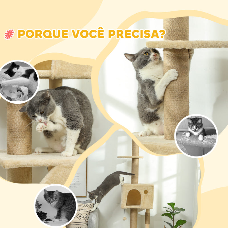 Arranhador para Gatos do Chão ao Teto de 225-265 cm Arranhador para Gatos com Altura Ajustável Múltiplas Plataformas Escada Bola Suspensa Bege