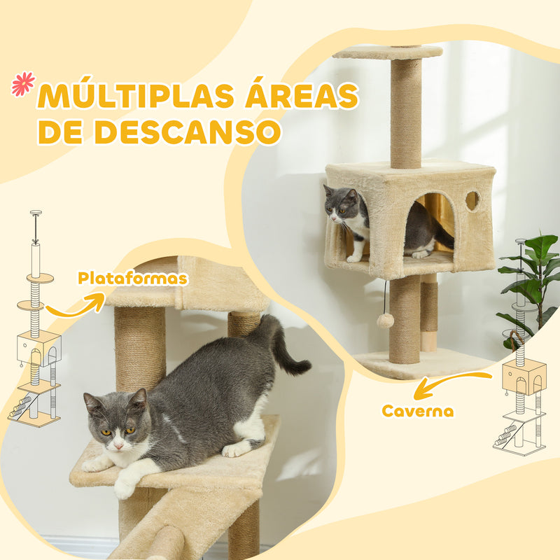 Arranhador para Gatos do Chão ao Teto de 225-265 cm Arranhador para Gatos com Altura Ajustável Múltiplas Plataformas Escada Bola Suspensa Bege