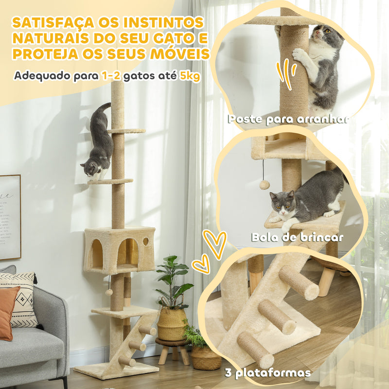 Arranhador para Gatos do Chão ao Teto de 225-265 cm Arranhador para Gatos com Altura Ajustável Múltiplas Plataformas Escada Bola Suspensa Bege