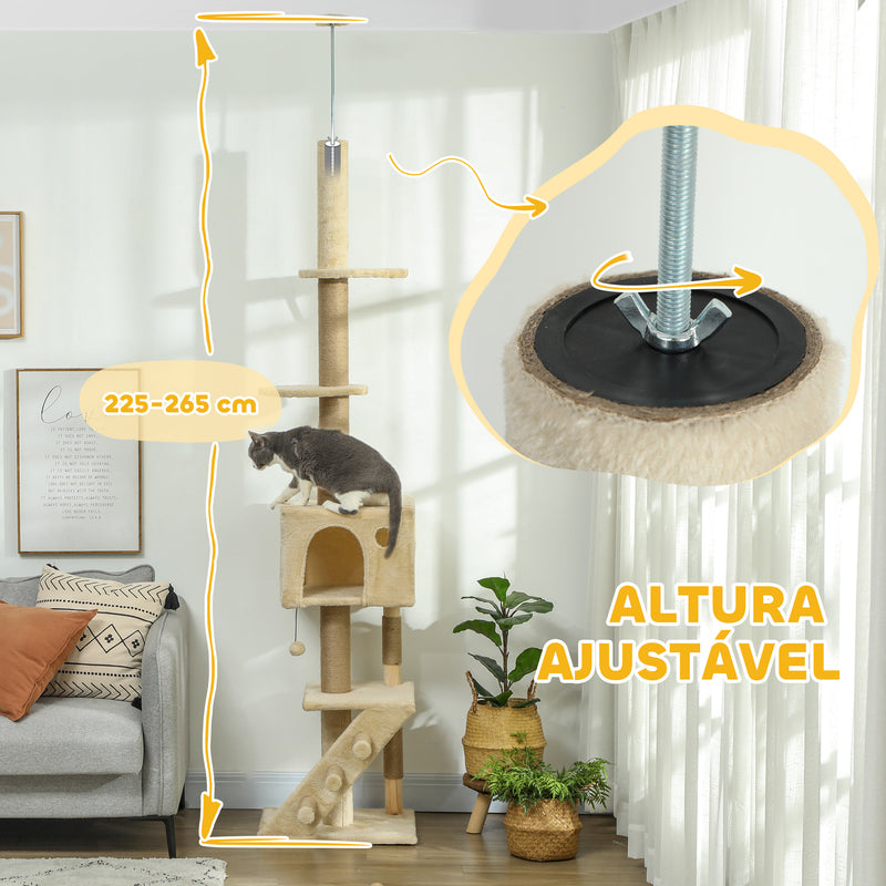 Arranhador para Gatos do Chão ao Teto de 225-265 cm Arranhador para Gatos com Altura Ajustável Múltiplas Plataformas Escada Bola Suspensa Bege