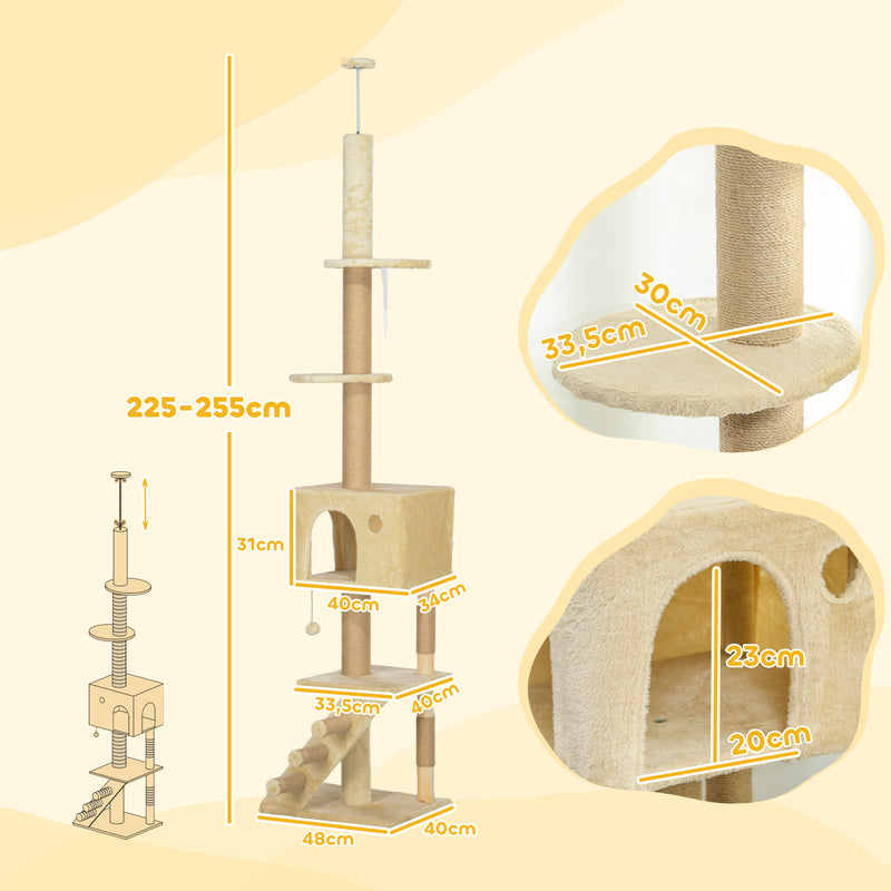 Arranhador para Gatos do Chão ao Teto de 225-265 cm Arranhador para Gatos com Altura Ajustável Múltiplas Plataformas Escada Bola Suspensa Bege