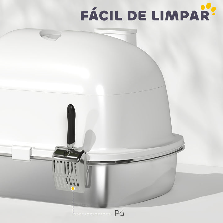 Caixa de Areia para Gatos em Aço Inoxidável com Tampa Caixa de Areia com Bolsa Desodorizante e Pá Fácil de Limpar 52,4x41,3x39,9 cm Branco