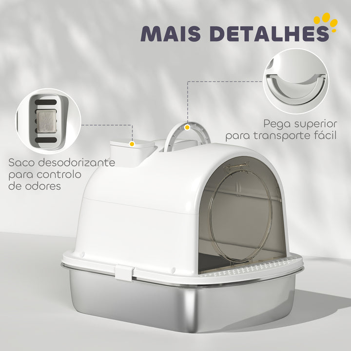 Caixa de Areia para Gatos em Aço Inoxidável com Tampa Caixa de Areia com Bolsa Desodorizante e Pá Fácil de Limpar 52,4x41,3x39,9 cm Branco