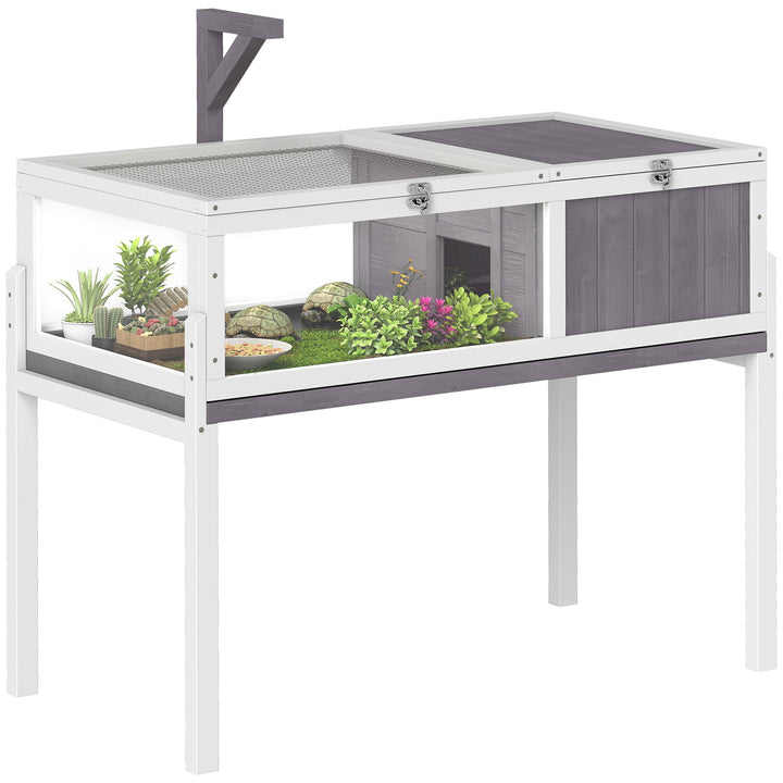 Casa para Tartarugas em Madeira Terrário para Répteis com 2 Tetos Articulados Bandeja Removível Suporte para Lâmpada Painéis Transparentes Trinco de Segurança e Tigela 104x53x82 cm Branco e Cinza
