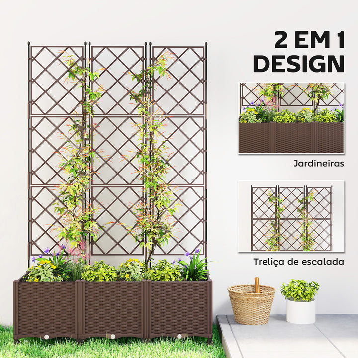 Floreira com Treliça Floreira Exterior Grande com Rodas para Plantas Trepadeiras com Orifícios de Drenagem e Tampões Floreira Elevada para Jardim Pátio Terraço 120x40x192 cm Castanho