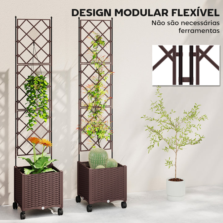 Floreira com Treliça Floreira Exterior Grande com Rodas para Plantas Trepadeiras com Orifícios de Drenagem e Tampões Floreira Elevada para Jardim Pátio Terraço 120x40x192 cm Castanho