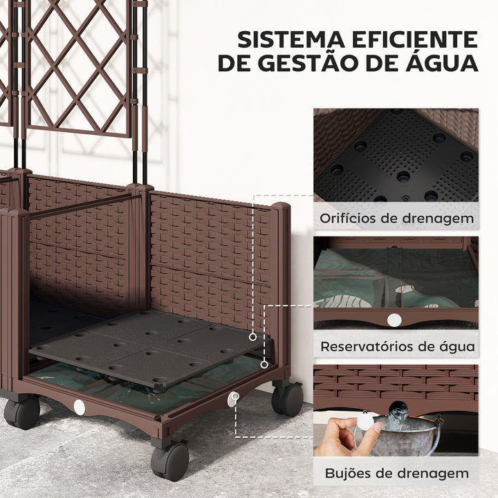 Floreira com Treliça Floreira Exterior Grande com Rodas para Plantas Trepadeiras com Orifícios de Drenagem e Tampões Floreira Elevada para Jardim Pátio Terraço 120x40x192 cm Castanho