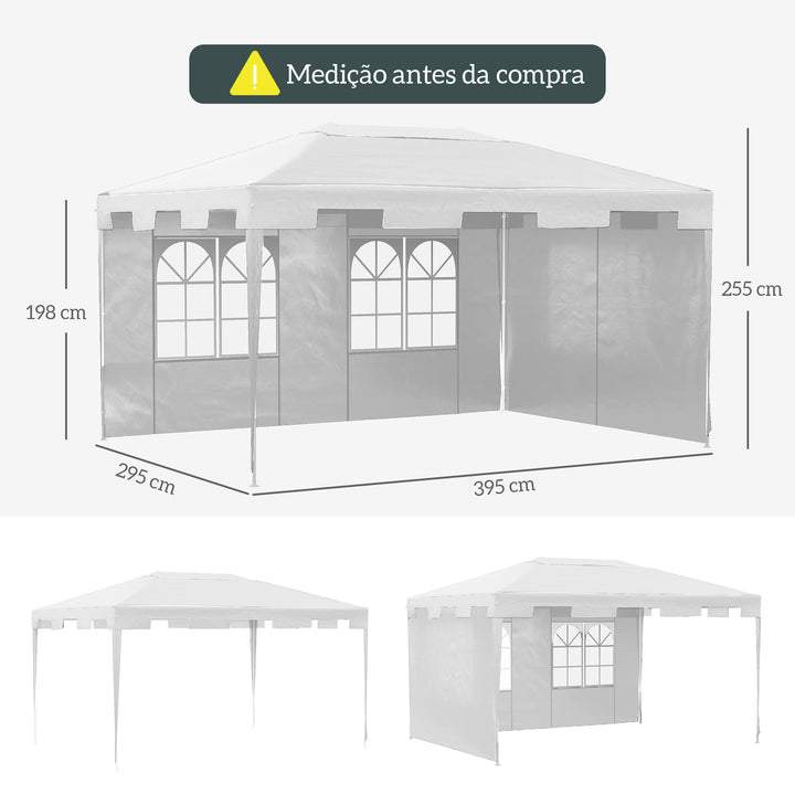 Tenda de Jardim 395x295x255 cm Tenda Desmontável de Exterior com 2 Paredes Laterais 2 Janelas Anti-UV para Pátio Varanda Branco